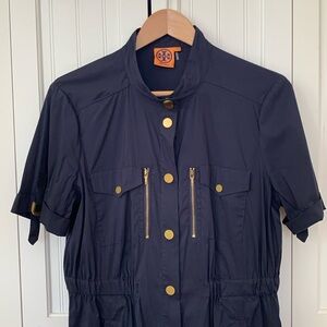 Tory Burch navy blue silky soft cotton short sleeve dress with gold snap front.